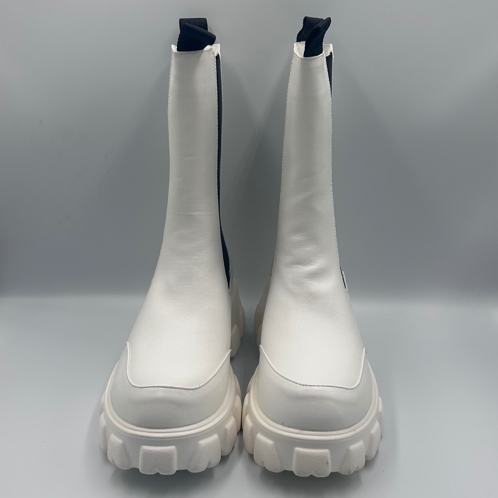 White Chunky Platform Chelsea Boots Mid Calf Lug Sole Streetwear Womens 11